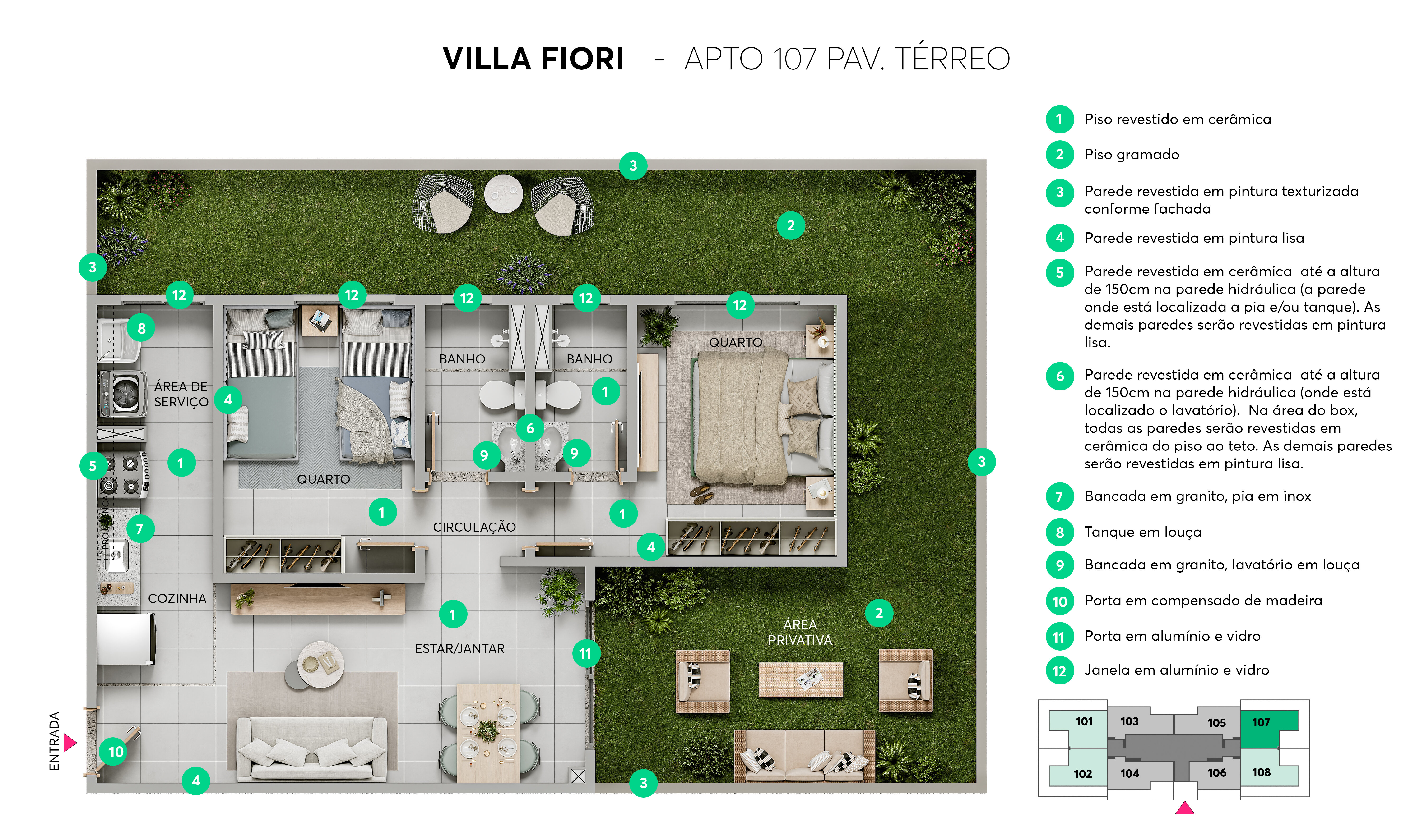 Planta - Térreo - Apto. 107 - Villa Fiori MRV Belo Horizonte