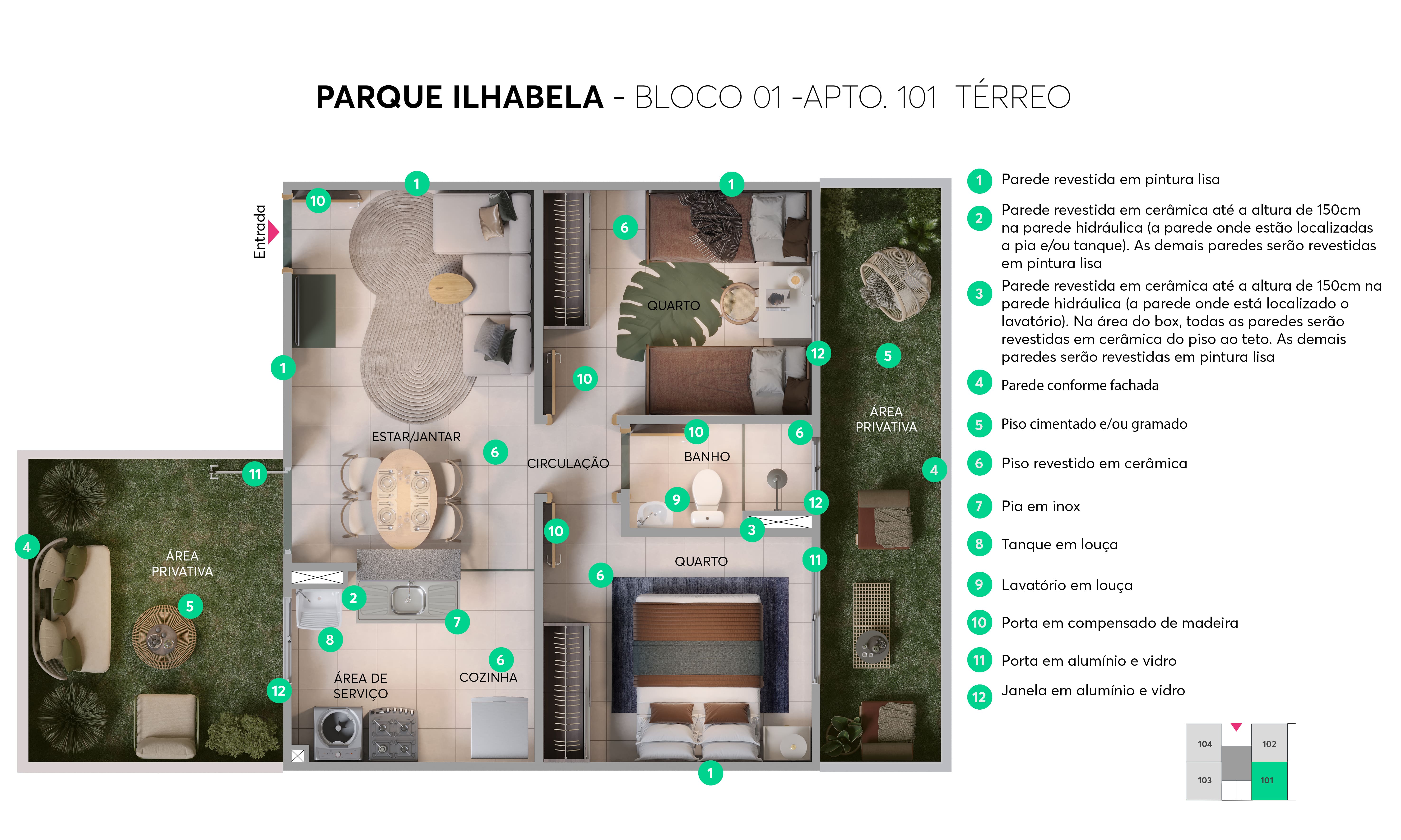 Planta - Bloco 01 - Apto. 101 - Implantação Parque Ilhabela MRV Campos dos Goytacazes