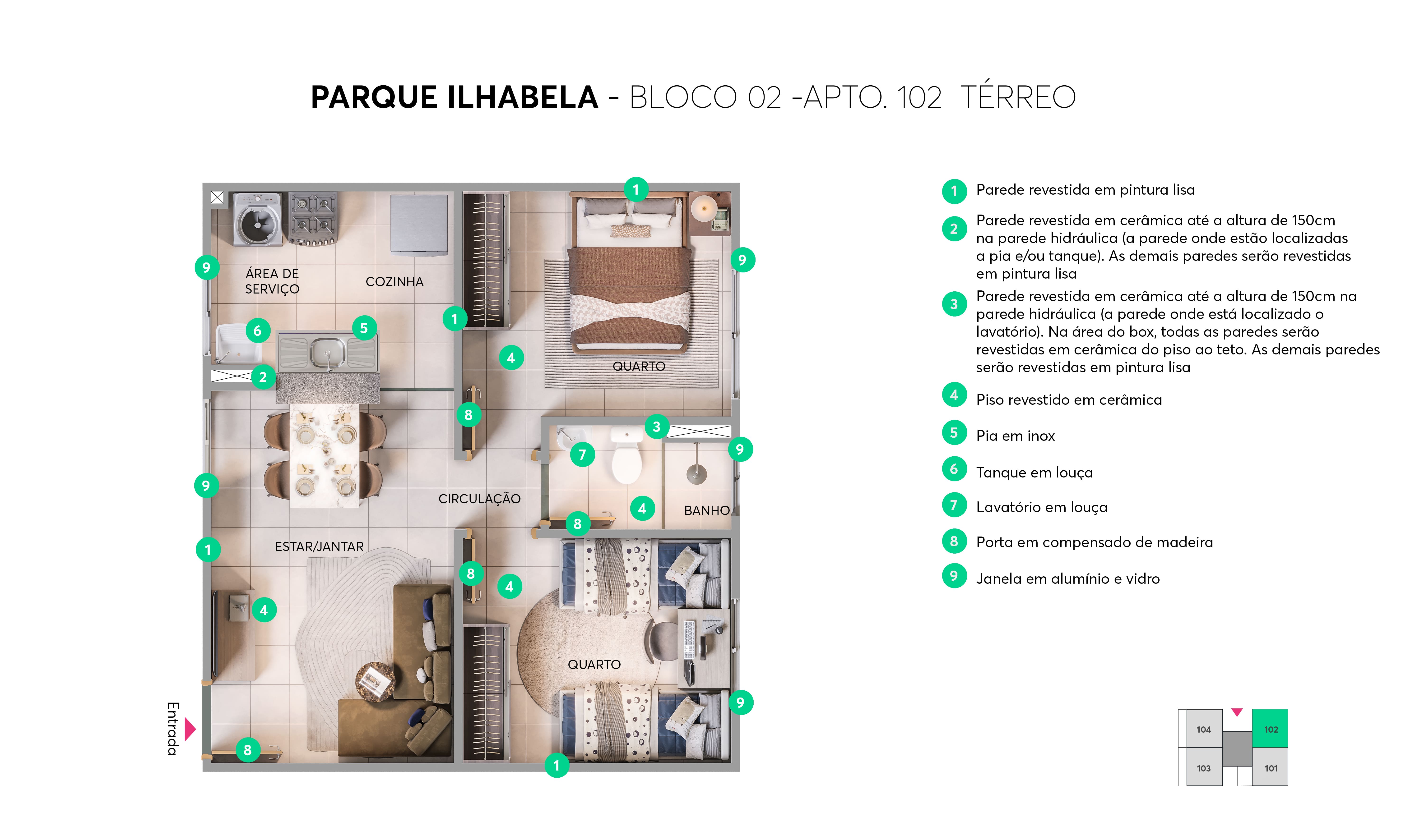 Planta - Bloco 02 - Apto. 102 - Implantação Parque Ilhabela MRV Campos dos Goytacazes