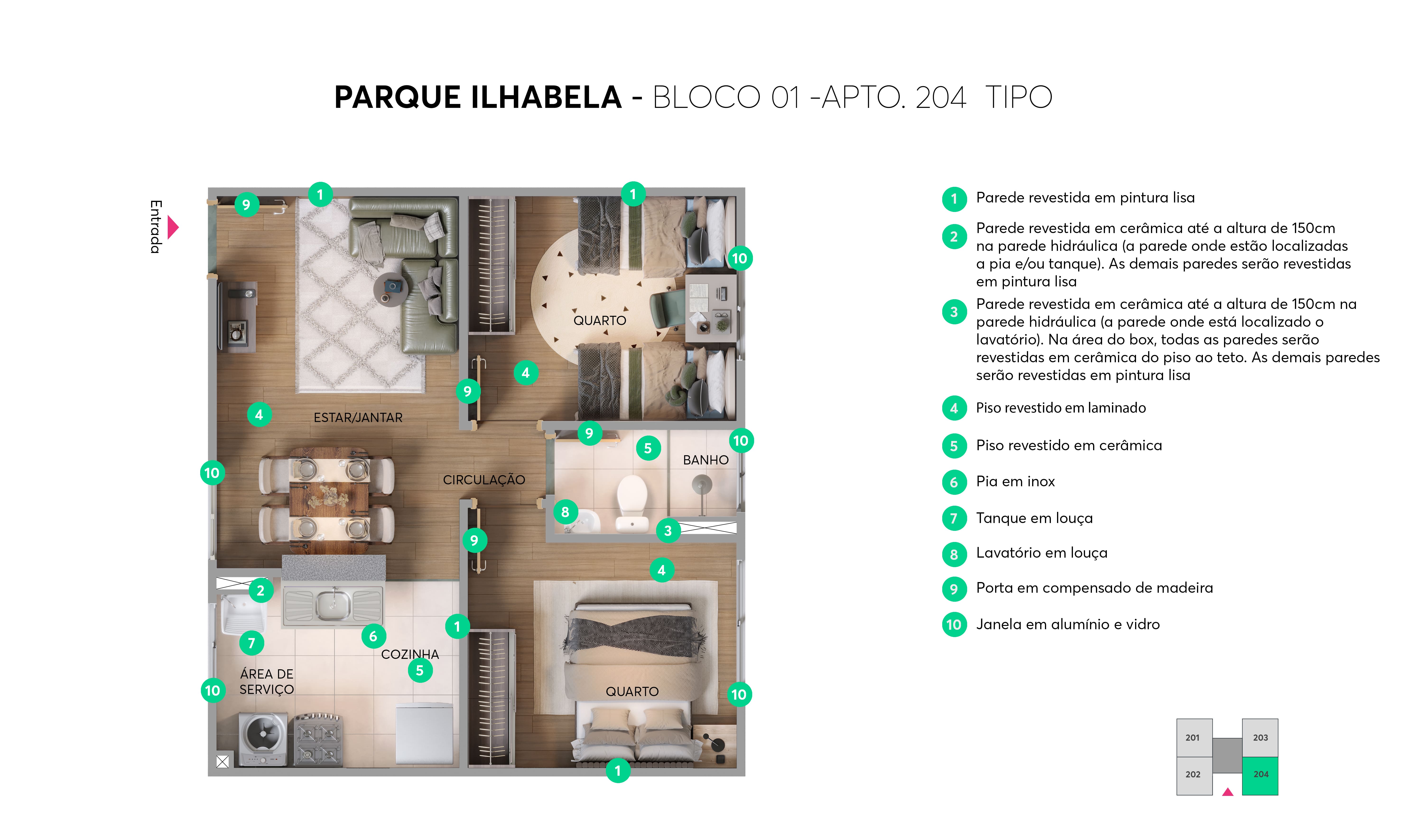 Planta - Bloco 01 - Apto. 204 - Implantação Parque Ilhabela MRV Campos dos Goytacazes